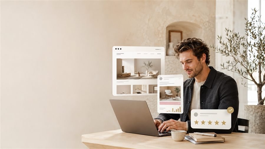 Ondernemer werkt achter een laptop, met zwevende voorbeelden van een website, social-advertentie en Google-review.