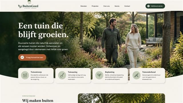 Voorbeeldstijl voor een hoveniersbedrijf: groen en crème met natuurfotografie.