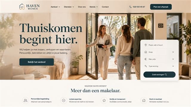 Voorbeeldstijl voor een makelaardij: crème en donkerteal met een zoekwidget over de hero-foto.