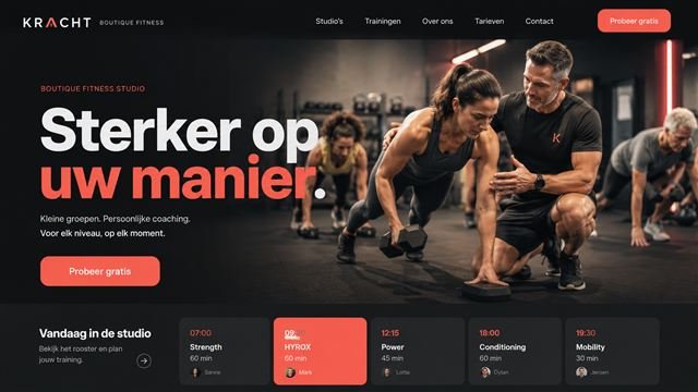 Voorbeeldstijl voor een fitnessstudio: donker thema met rood-oranje accent en een lesrooster.