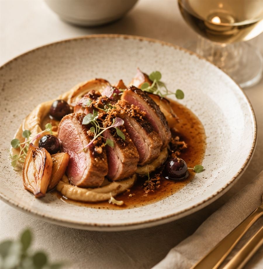 Bord met vleesgerecht, saus en groene garnering, fotografisch in beeld gebracht voor een restaurantadvertentie.