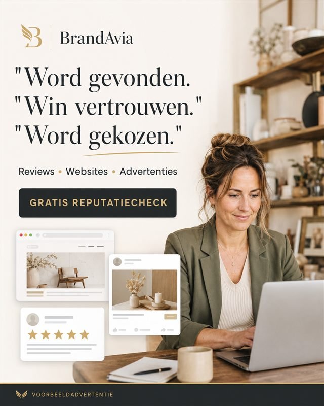Voorbeeldadvertentie van BrandAvia met de tekst 'Word gevonden, win vertrouwen, word gekozen' en de call-to-action Gratis reputatiecheck.